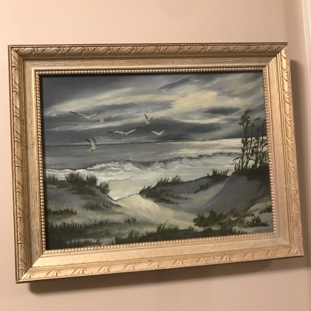 Vintage Oil Painting D.SMITH Ocean Side Shore Beach Nautical MCM ornate frame - Picture 5 of 10